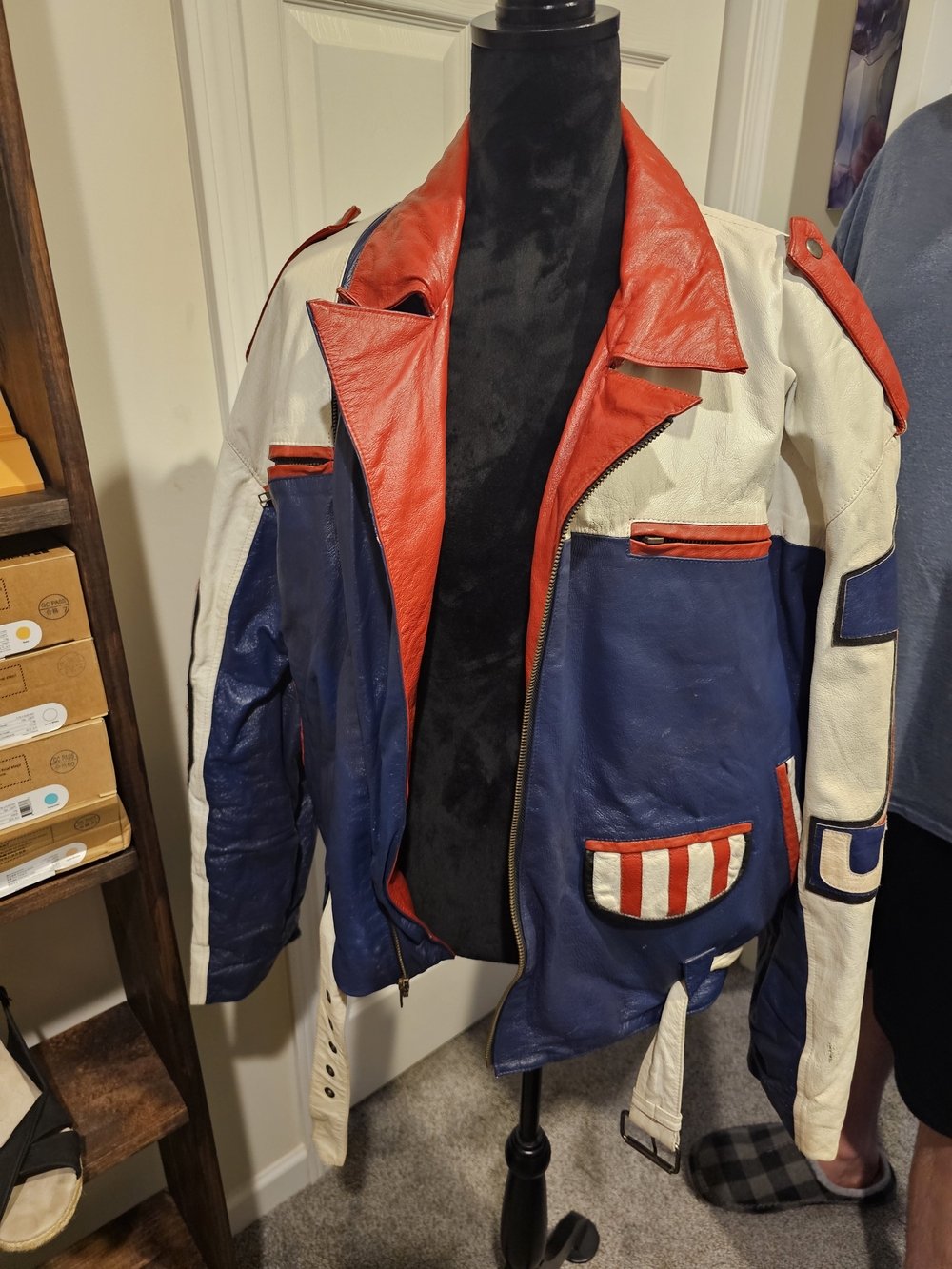 Vintage 90s Men's Tri-Color Leather Bomber Jacket - Red, Blue & White